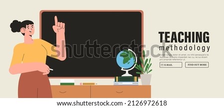 	
Female teacher in classroom. Learning, advanced tranining or teaching methodology concept. School teacher stand at blackboards in classroom. Lecturer teaching in class. Professors at chalkboards. 