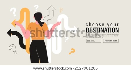 Business decision making, career path, work direction or choose the right way to success concept, confusing woman or student looking at crossroad sign with question mark and think which way to go. Foto d'archivio © 