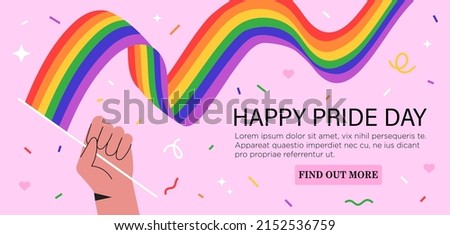 Hand hold rainbow lgbt flag and celebrate pride month, week or day vector flat illustration. LGBTQ support social media banner or post template, greeting card or party invitation on pink background.  商業照片 © 