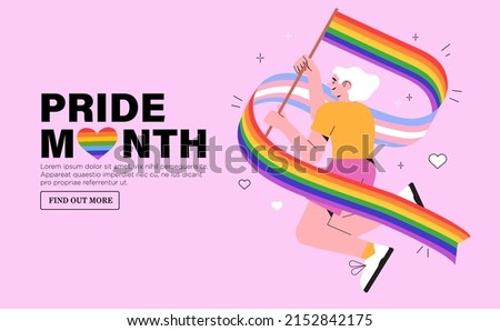 Cheerful character with rainbow lgbtq and transgender flag celebrate pride month or day vector flat illustration. LGBTQ support social media banner or post template, greeting card on pink background.  商業照片 © 