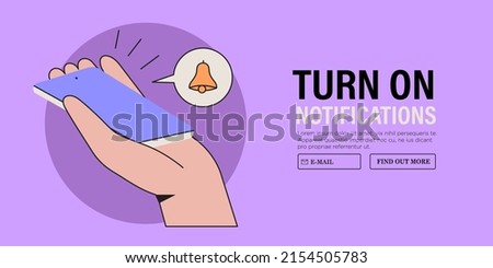 Hand hold smartphone with notification or alarm clock sign vector illustration. Subscription to news, sales, discounts and new releases. Creative web or social media banner, ui, website advertisement.