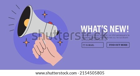 Hand hold megaphone or loudspeaker announce important message vector illustration. Concept of news, sales or discounts and new releases. Creative web or social media banner, ui, website advertisement.