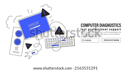 Blue screen of death or computer malfunction concept for web or ui design and ads. Malware or bug in software or program. Data recovery, computer, laptop diagnostics and software update service banner