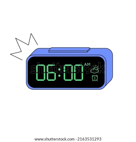 Led digital alarm clock, electronic blue device timer, reminder symbol icon with black screen and green numbers. Vector illustration in flat cartoon style with outline isolated on white background.