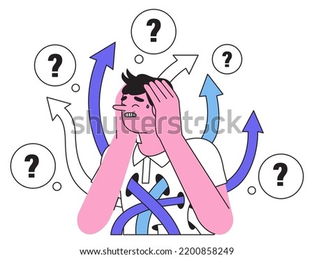 Confused person try to make difficult and hard descision or choice. Male character search for or figure out right life, business or career path or direction. Puzzled man lost way among arrows. 