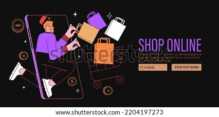 Man with shopping cart buy presents, gifts online in store or shop through mobile application. Concept of sale, discount special coupon for web banner, ads or socila media and emails. Black friday.