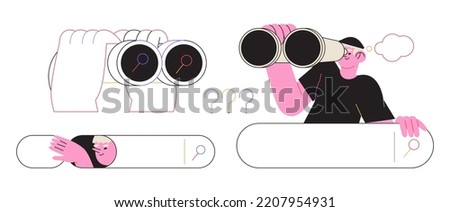 Curious man looking through binoculars. Business metaphore for search or research, development, web surfing. Trendy outline vector characters for web or ui design. Search character set.