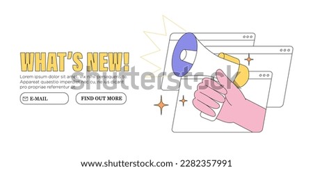 Hand hold megaphone or loudspeaker announce important message vector illustration. Concept of news, sales or discounts and new releases. Creative web or social media banner, ui, website advertisement.