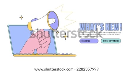 Hand hold megaphone or loudspeaker announce important message vector illustration. Concept of news, sales or discounts and new releases. Creative web or social media banner, ui, website advertisement.