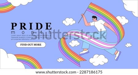 Cheerful character with rainbow lgbtq and transgender flag celebrate pride month or day vector flat illustration. LGBTQ support social media banner or post template, greeting card on blue background. 