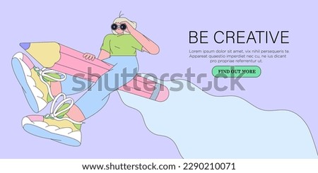 Woman designer flying on pencil . Creative or educational process banner, ad, landing page or poster for web design studio, startup or courses. Generating ideas, imagination, inspiration concept.
