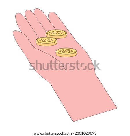 Hands gesture vector illustration. Character hand holding money, golden usd coin, change, make donations, paying, counting, giving currency and other financial activity. Finance occupations concept. 