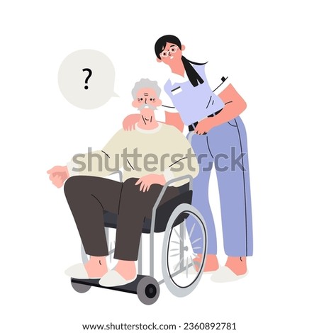 An elderly man with Alzheimer’s disease and question mark in an invalid chair with a nurse taking medical care as he has problems with memory, thinking and behavior because of his dementia.