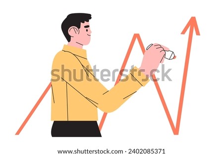 Man draw direction arrow sign with marker, pen or highlighter. Male business analitics emphasise important information with felt pen on white board. Business future course directory illustration.