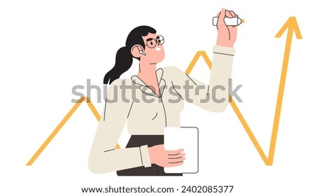Woman draw direction arrow sign with marker, pen or highlighter. Female business manager emphasise important information with felt pen on white board. Business future course direction illustration.