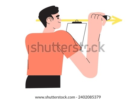 Man draw direction arrow sign with marker, pen or highlighter. Male business analitics emphasise important information with felt pen on white board. Business future course directory illustration.