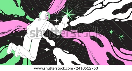 Woman cosmonaut flying in space vector flat illustration. Female astronaut floating during exploration. Concept of new user experience, new horizons and discoveries, new worlds and celestial bodies.