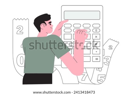 Tax time vecotr illustration. Character preparing documents for tax calculation, making income tax return and calculating business invoices. Taxation concept. Online accountant service for business.