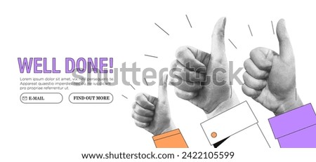 Thumb up hand gesture vector collage halftone illustration. Good, great job, well done, ok or like symbol business or marketing concept for website or social media banner, ui. Approval, agreement.