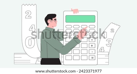 Tax time vector illustration. Character preparing documents for tax calculation, making income tax return and calculating business invoices. Taxation concept. Online accountant service for business.