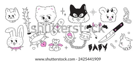 Y2k glamour pink stickers. Kawaii bdsm animals, devil, chain, heart, handcuffs tattoo and other elements in trendy emo goth 2000s style. Vector hand drawn icon. 90s, 00s aesthetic. Pink, black colors.