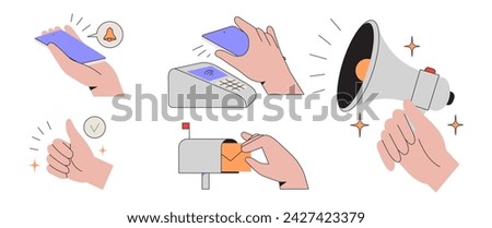 Different scenes with hands making paymnet, using smartphone or mobile, holding loudspeaker and receiving mail from mailbox. Thumb up sign. Arm collection for business banner, ads, website and apps.