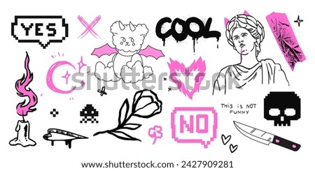 Set of grunge doodles and retro badges with greek god collage. Graffiti or tattoo handdrawn marker, wax crayon or brush paint sticker or emblem. Punk rock collection with emo, goth and pixel elements.
