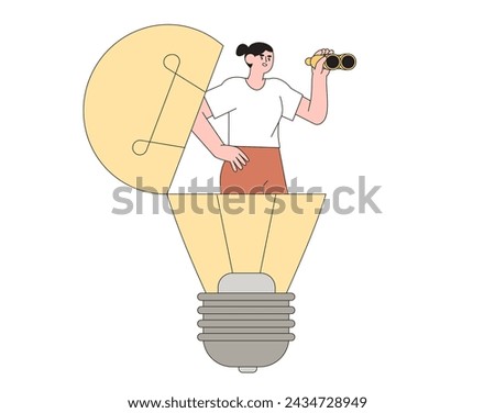 Woman stand inside light bulb and look in binoculars searching for motivation, idea. Creative concept for education, business idea and opportunity, vision to discover new solution, curiosity. sear