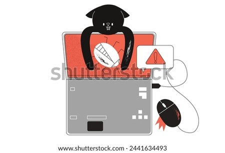 Software testing concept. Cat finding, searching, looking for bugs, errors in program, system breakdown. Tester in quality assurance or security department. Flat vector illustration.