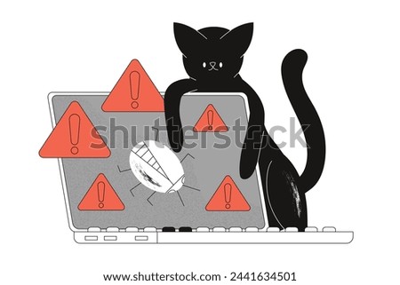 Software testing concept. Cat finding, searching, looking for bugs, errors in program, system breakdown. Tester in quality assurance or security department. Flat vector illustration.