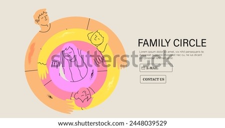 Family members hugging together. Supportive parents, togetherness, mutual care and love concept. Family circle, embracing mother, father, son and daughter. Vector illustration isolated on white.