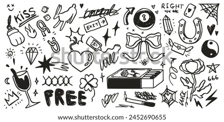 Doodle grunge set or collection. Vector hand drawn graffiti groovy prints, emo gothic signs and symbols. Marker or charcoal scribble sticker, crayon wax paint collage. Street style doodle kit.