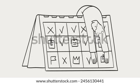 Urgency, overload or overworked man fail to manage or organize time or work process line doodle vector illustration. Workload and deadline concept. Employee put notes on flip desk calendar schedule.