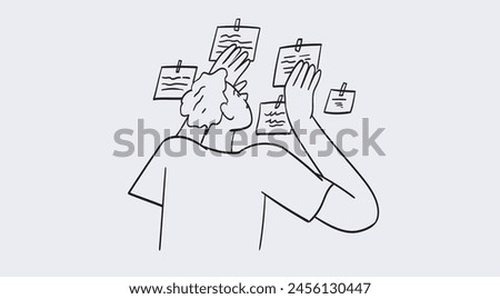 Man taking notes on board scheduling and organizing work in office or making timetable for university studies. Time management and organization concept. Line vector illustration in doodle style.