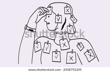 Woman put memory notes marking v and x cross checkmarks while planning and controlling work, study and projects in schedule. Organize efficient business, set priorities, reminders. Work life balance.