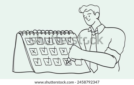 Line charcoal chalk vector illustration of a flip calendar with v and x checkmarks. Concept of schedule planning, time management and work organization. Man put reminder notes in personal organizer.