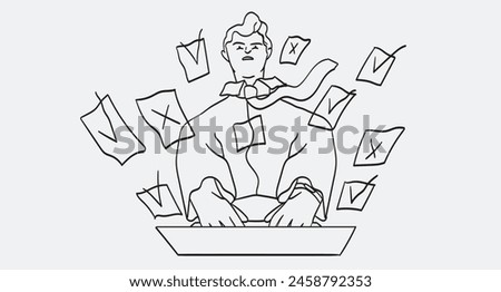 Man put memory notes in his laptop using application or program software. Employee or manager mark with v or x checkbox work done and organize workflow. Line vector illustration. Multitasking concept.
