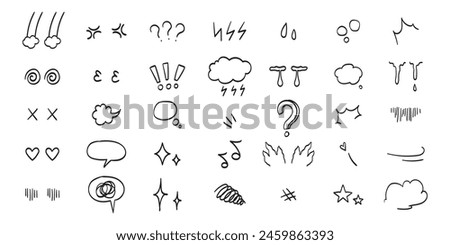 Comic cartoon face expressions in doodle line art style. Anime manga eyes and sound effects with different emotions. Hand drawn ink vector illustration of love, anger, sadness,puzzled character.