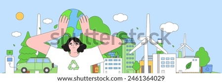 Eco-friendly people hold Earth globe and care about environment. Ecological awareness, esg, sustainable lifestyle. Environmental, Social, Corporate Governance vector illustration banner background.