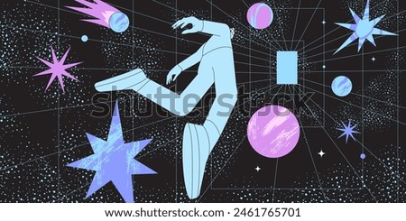 People wearing VR glasses and floating in space. Vector metaverse and new network for character gamers. Future innovations and communication concept. Entertainment and visual experience technology.