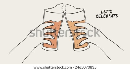 Beer glasses mug hand drawn vector illustration. Cartoon style. Cheers with friends. Design for banner, poster, greeting cards, web, invitation to party. Drinks in hands simple ink charcoal style. 