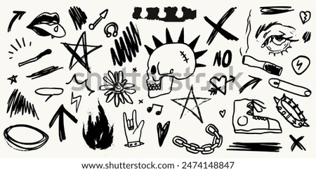 Grunge graffiti, tattoo hand drawn sticker, skull, heart, hand gesture, eyes. Rock n roll, metal or punk music doodle scribble vector illustration sticker set. Charcoal, chalk or black marker style. 