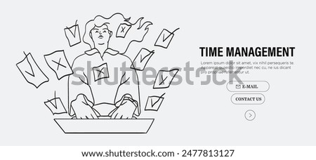 Woman put memory notes in laptop using application or program software. Employee or manager mark with v or x checkbox work done and organize workflow. Line vector illustration. Multitasking concept.