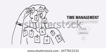 Man put memory notes marking v and x cross checkmarks while planning and controlling work, study and projects in schedule. Organize efficient business, set priorities, reminders. Work life balance.