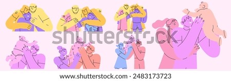 Happy family hug set. Parents and kids embrace with love, support. Mother, father, children spend time together. Bonding relationship concept. Flat vector illustration in simple abstract style.