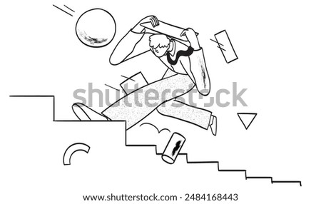 Overcome obstacle, effort or adversity for business growth, difficulty, challenge to win competition, skill or leadership. Businessman jump over falling abstract shapes to climb up stair of success. 