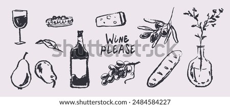 Ink charcoal wine set. Grape, wine bottles and wineglass, cheese, black olives, flowers. Vintage alcoholic beverage vector illustration. Hand drawn engraved vintage sketch for poster, restaurant menu.