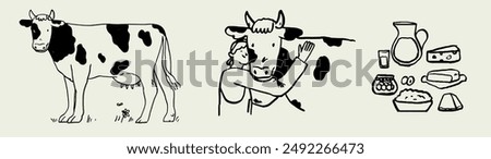 Woman with milk cow collection. Livestock domestic animal with farm worker on ranch. Farmer milker and cattle set. Support local farmers vector illustration in charcoal, ink or crayon hand drawn style