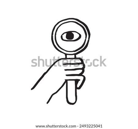 Hand hold loupe and look through. Vector illustration for search engine or research, web surfing, seo. Doodle outline vector crayon charcoal ink element for web, ui or application design.