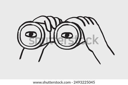 Hands hold binoculars and look through. Vector illustration for search engine or research, web surfing, seo. Doodle outline vector crayon charcoal ink element for web, ui or application design.